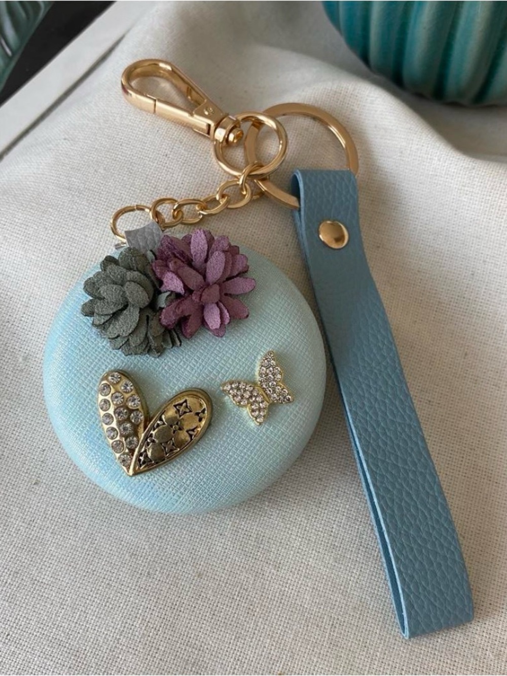 Mirror Keychain with a Blue Floral Heart and a Butterfly